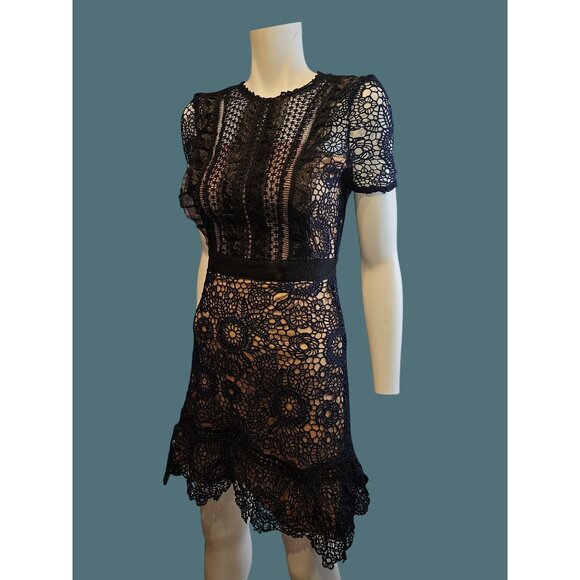 Aqua Floral Crochet Lace Feminine Chic Boho Navy/Black Lined Dress Women XS - Picture 3 of 14